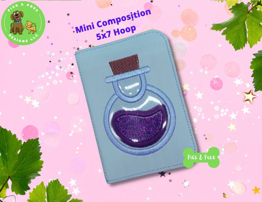 In the Hoop Embroidery Project 5x7 Hoop Mini Composition Book Cover with Potion Bottle Applique