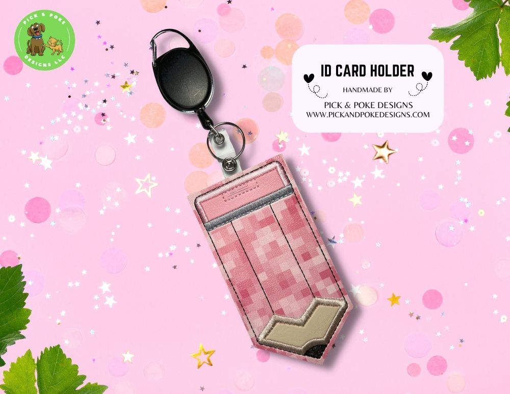 Limited Stock: Pink Pixels Pencil ID Card Badge Holder with Reel or Clip | Faux Leather Vinyl | Vertical Protector Case