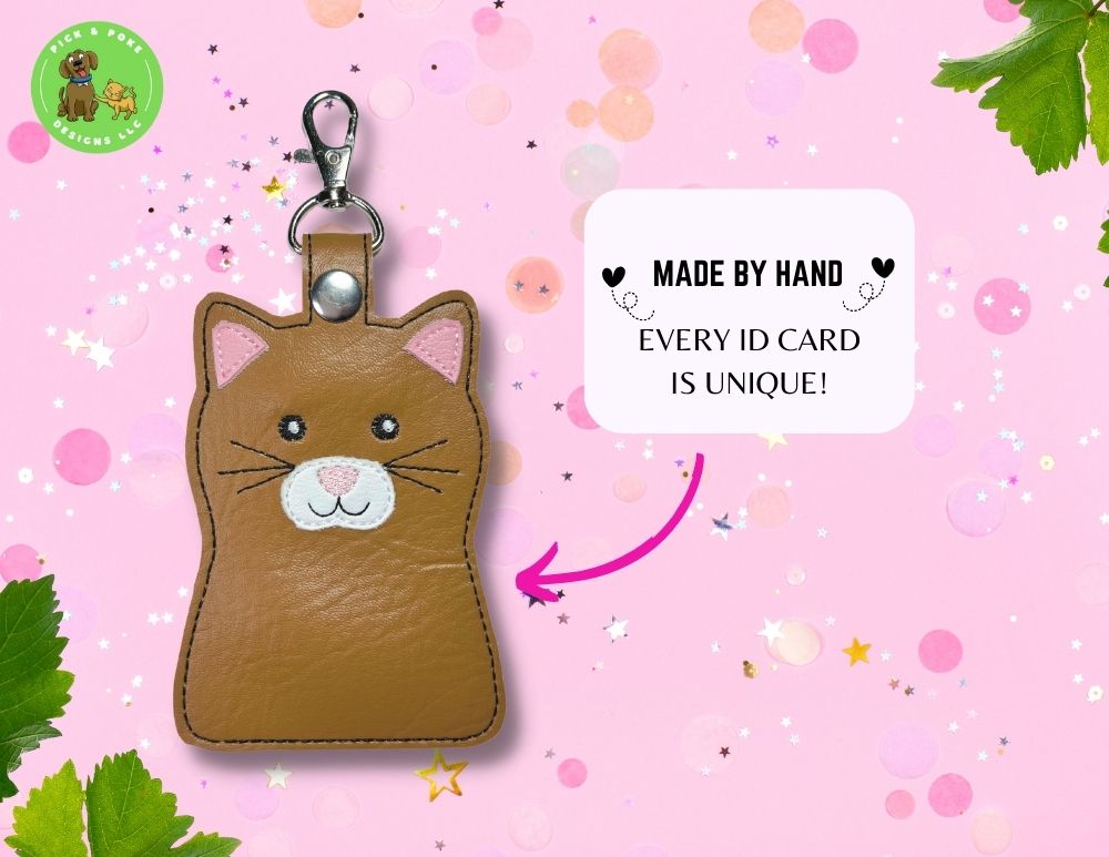 Brown Cat ID Card Badge Holder with Lobster Clasp (No Personalization) |  Vinyl Faux Leather | Vertical Protector Case