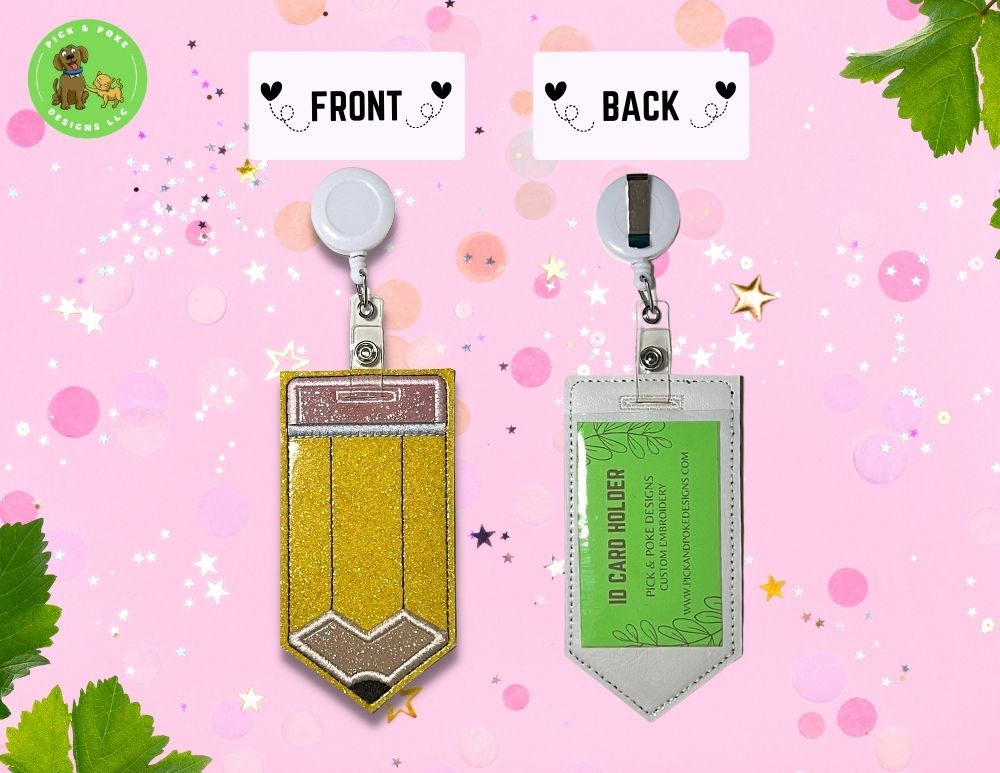 Pencil ID Card Badge Holder with Reel or Clip | Glitter or Solid Vinyl | Vertical Protector Case (Custom Made)