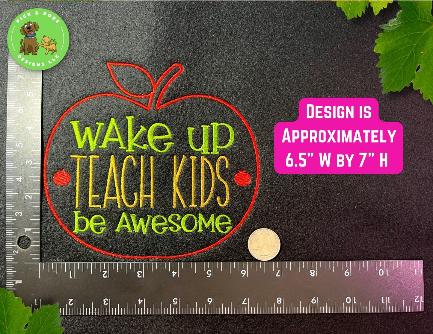 Entire Wake Up Apple design measures approximately 6.5" W by 7" H.