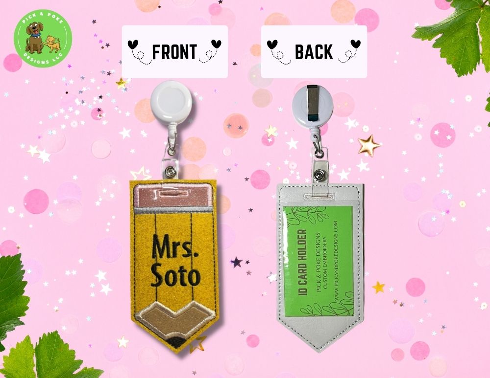 Personalized Pencil ID Card Badge Holder with Reel or Clip | Glitter or Solid Vinyl | Vertical Protector Case (Custom Made)