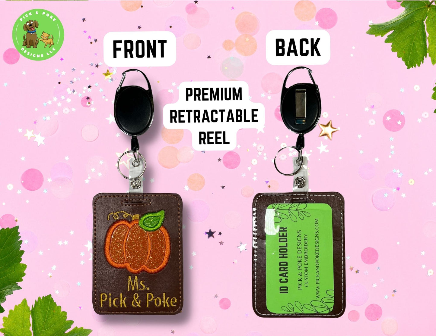 Personalized Pumpkin ID Card Badge Holder with Reel or Clip | Brown Vinyl