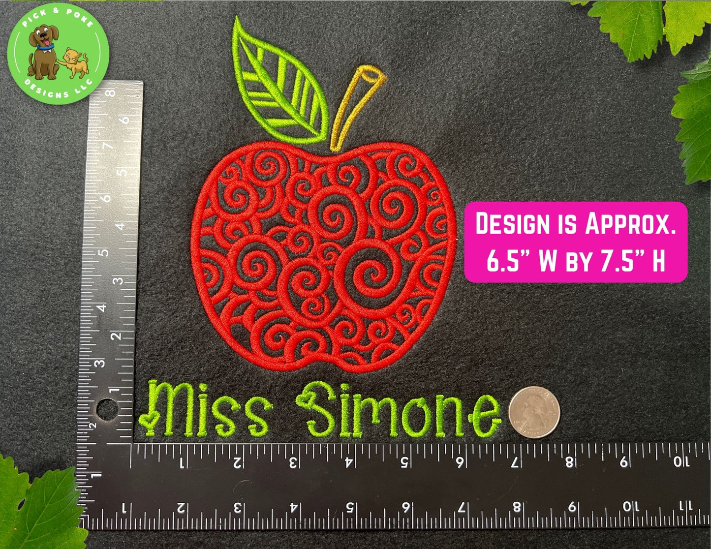 Teacher apple and name design measures approximately 6.5 inches wide by 7.4 inches high. 