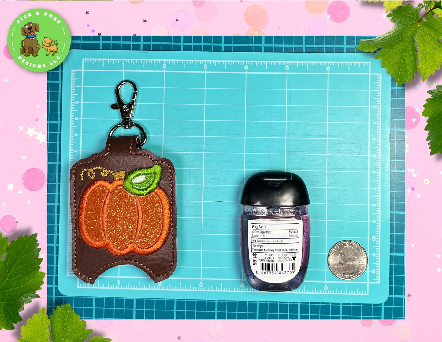 Pumpkin Hand Sanitizer Holder Key Chain | Embroidered on Brown Vinyl