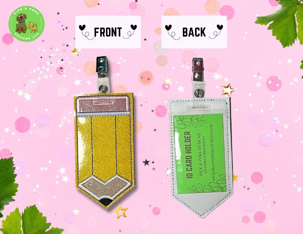 Personalized Pencil ID Card Badge Holder with Reel or Clip | Glitter or Solid Vinyl | Vertical Protector Case (Custom Made)