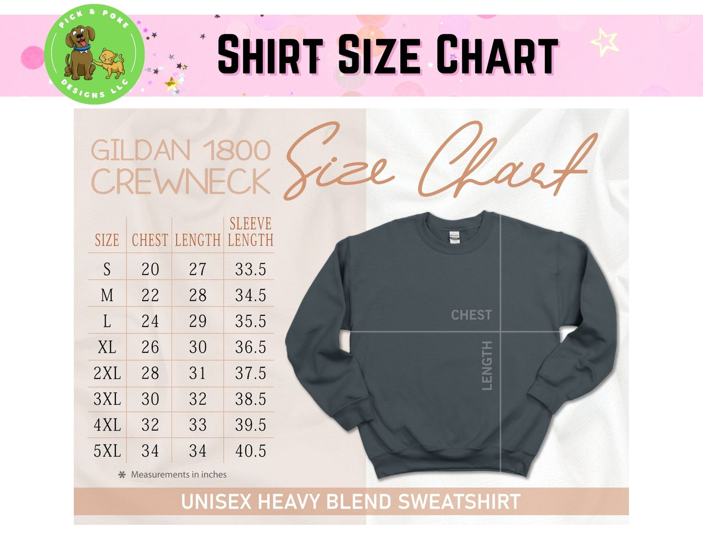 Size chart for Gildan 18000 style crewneck sweatshirts