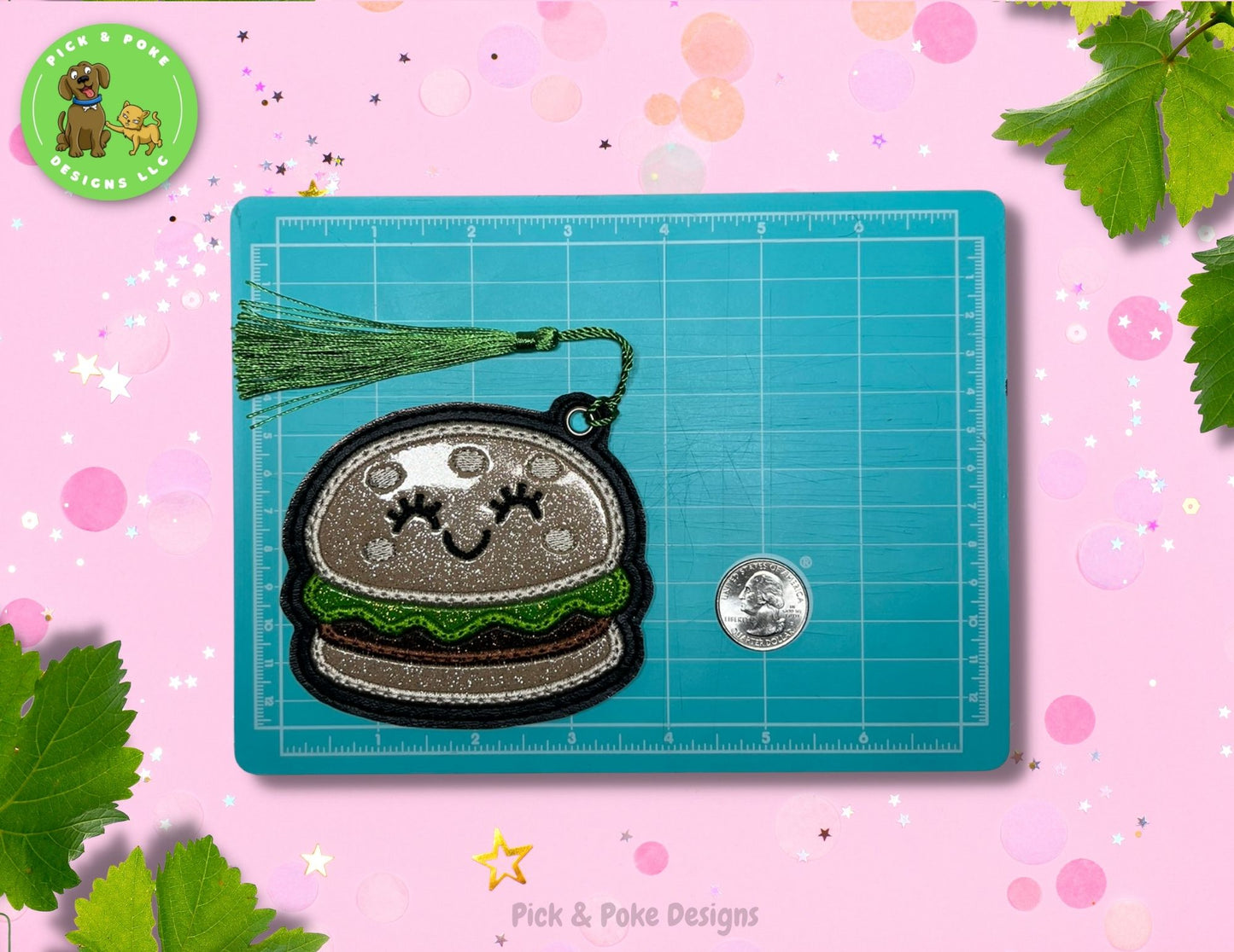 Hamburger Fast Food Bookmark with Tassel | Glitter Burger Design | Embroidered