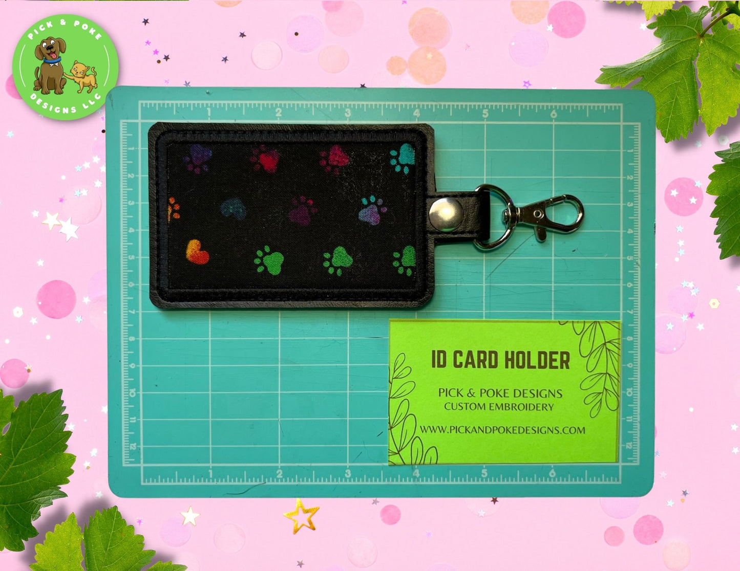 Rainbow Paw Print ID Card Badge Holder with Lobster Clasp | Vinyl Material | Vertical Protector Case