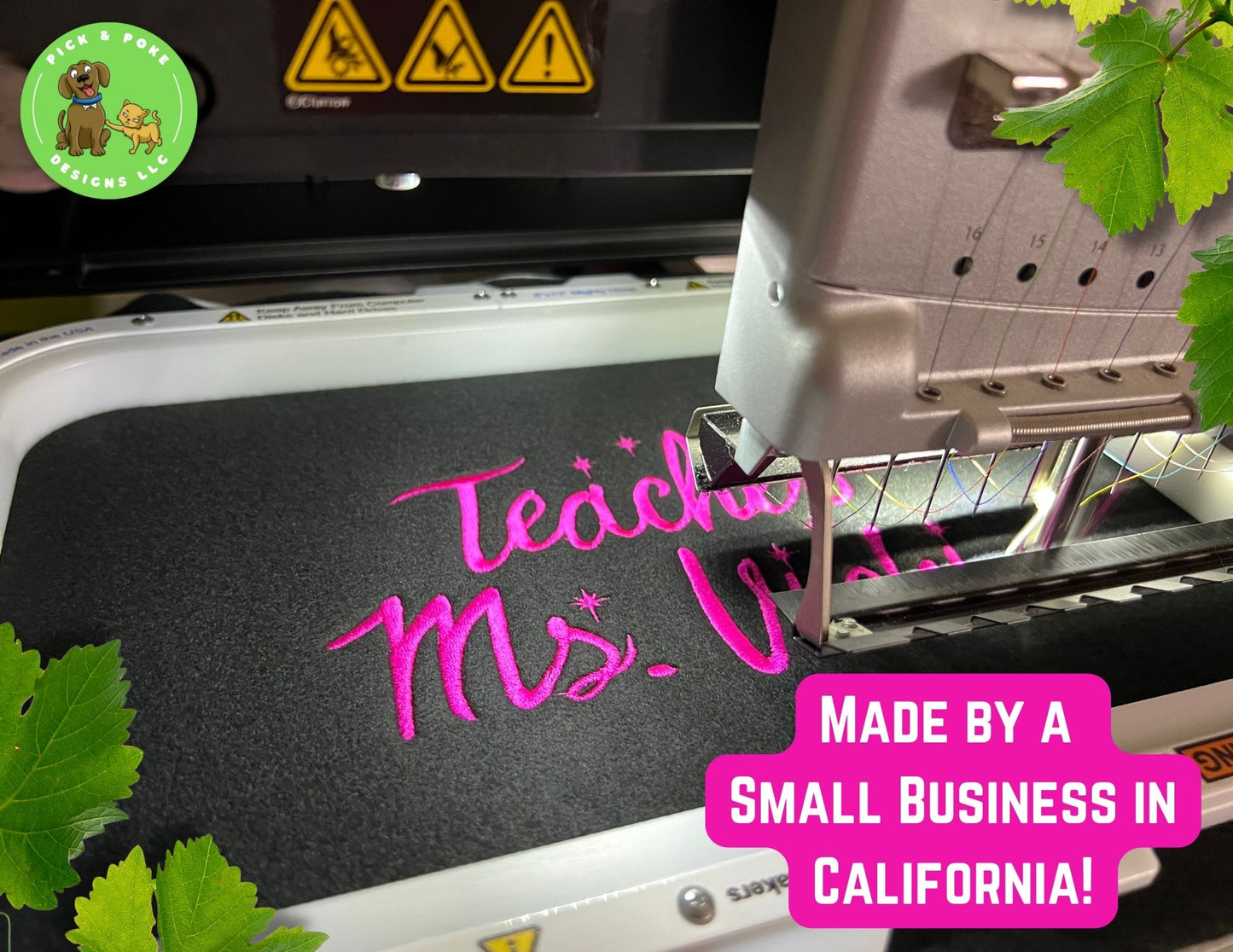Embroidered teacher sweatshirts are made by a small business located in California. 