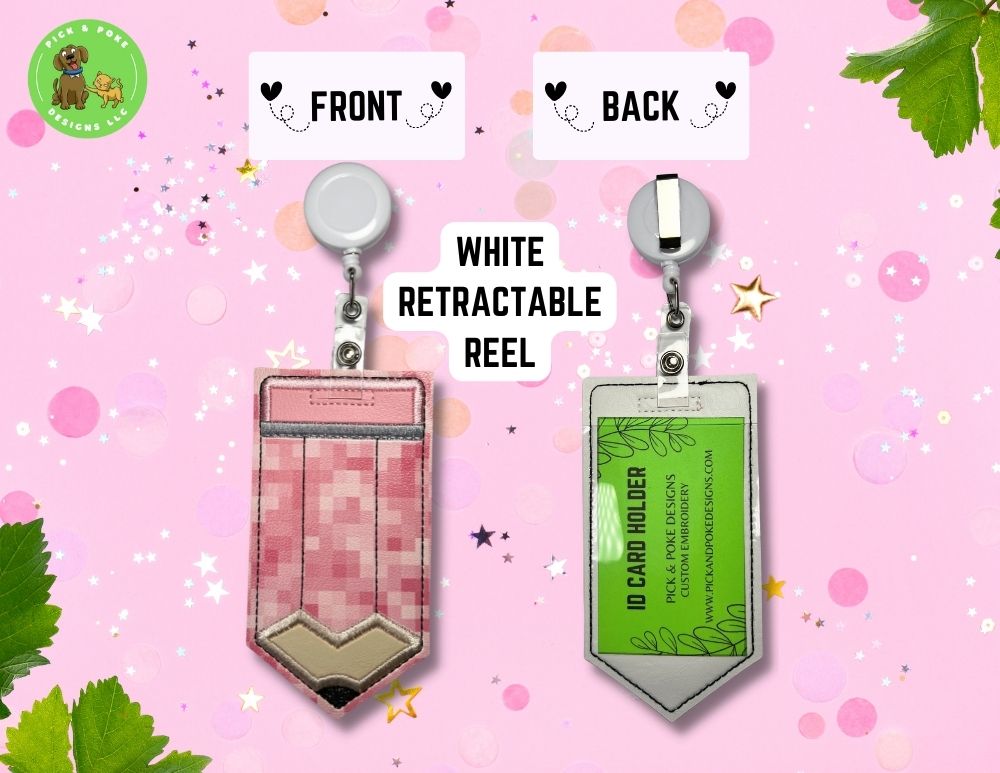 Limited Stock: Pink Pixels Pencil ID Card Badge Holder with Reel or Clip | Faux Leather Vinyl | Vertical Protector Case