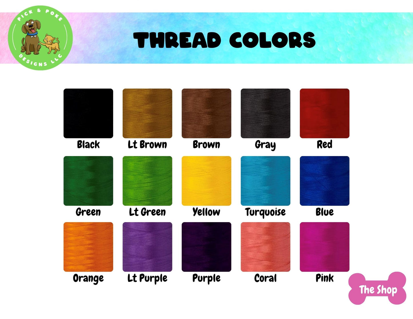 Fifteen thread colors are available for NAME keychains