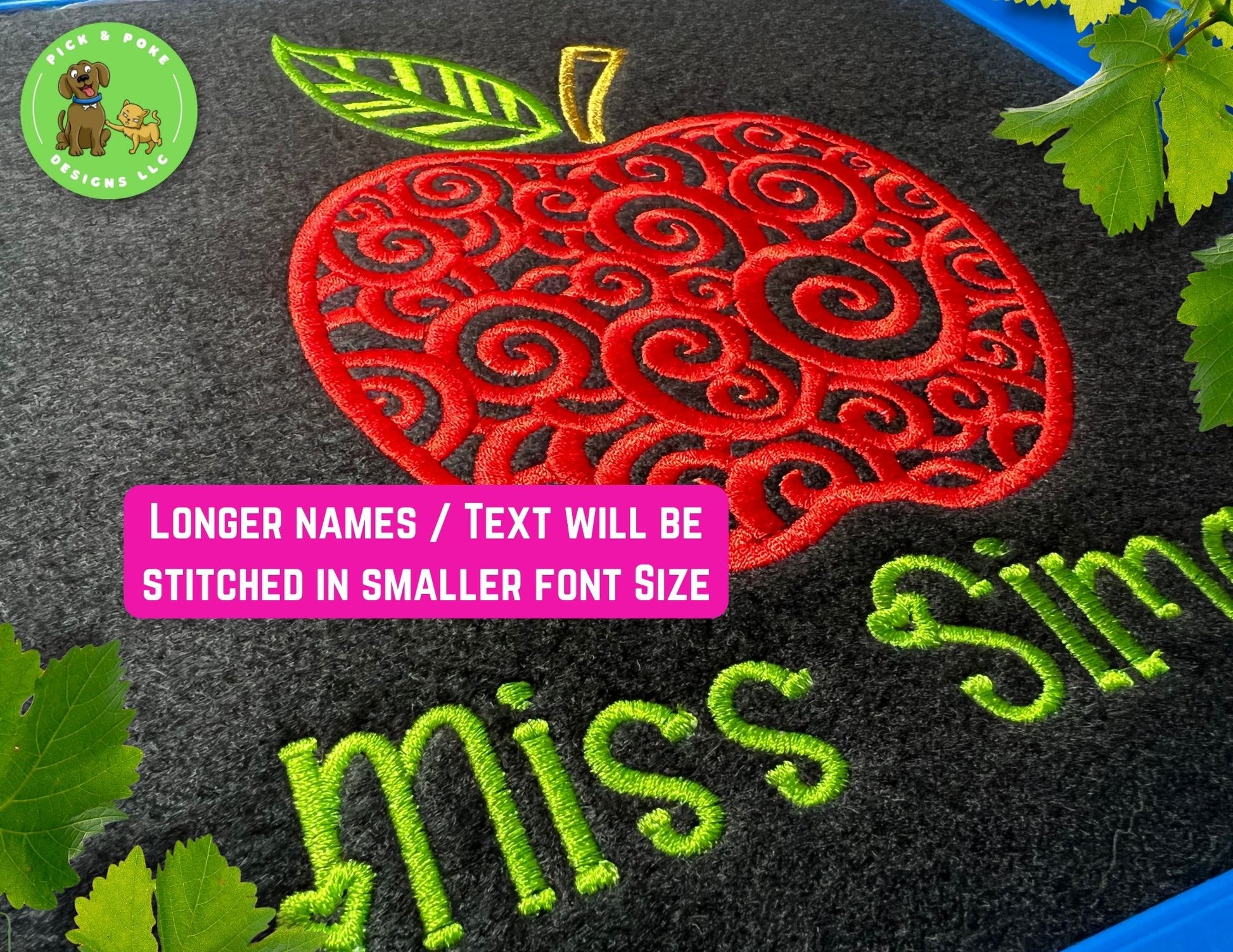 Longer names and text will be stitched in s smaller font size