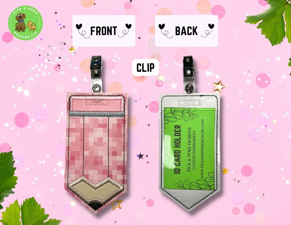 Limited Stock: Pink Pixels Pencil ID Card Badge Holder with Reel or Clip | Faux Leather Vinyl | Vertical Protector Case