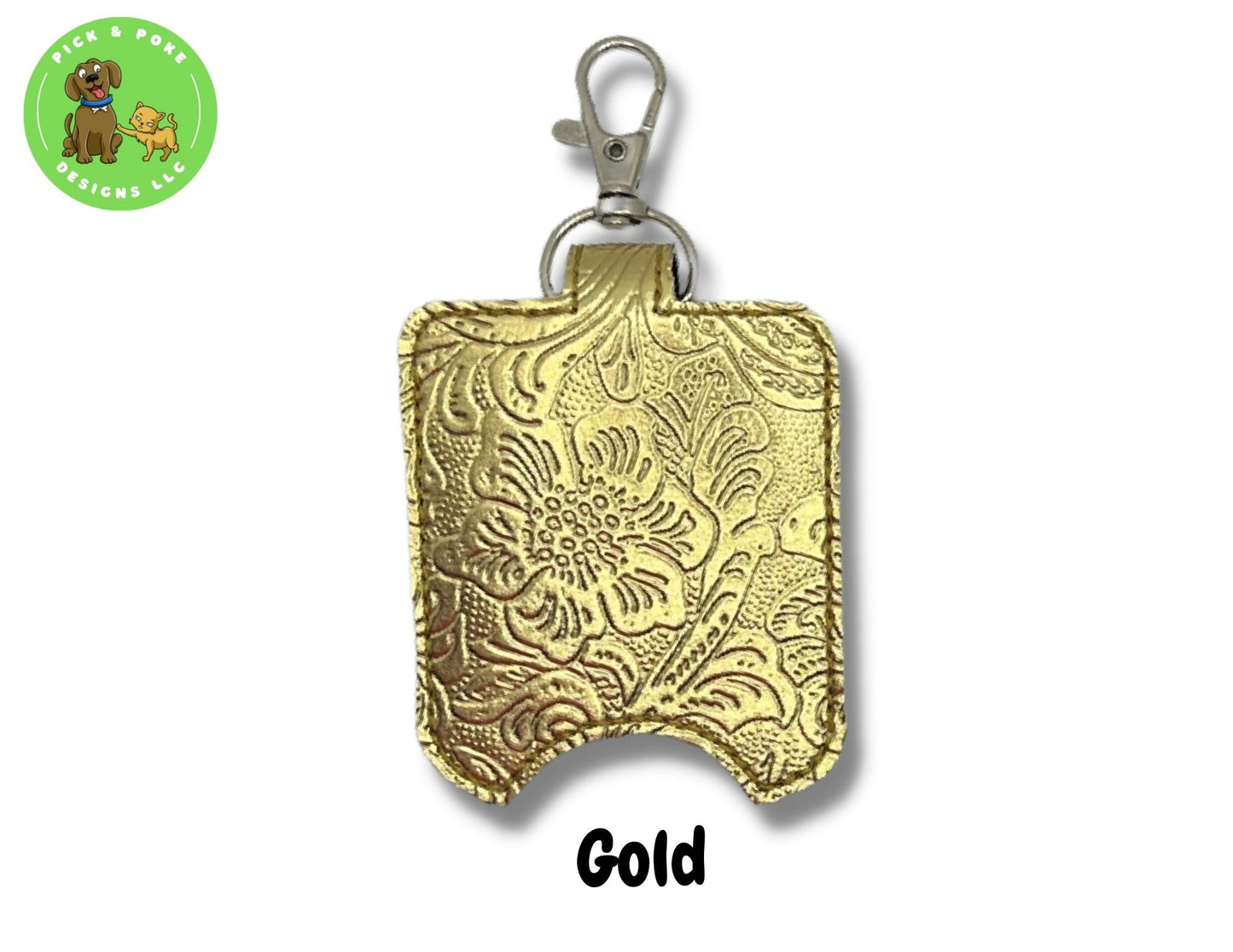 Metallic Faux Tooled Leather Hand Sanitizer Holder Key Chain | Embroidered on Vinyl | Made to Order