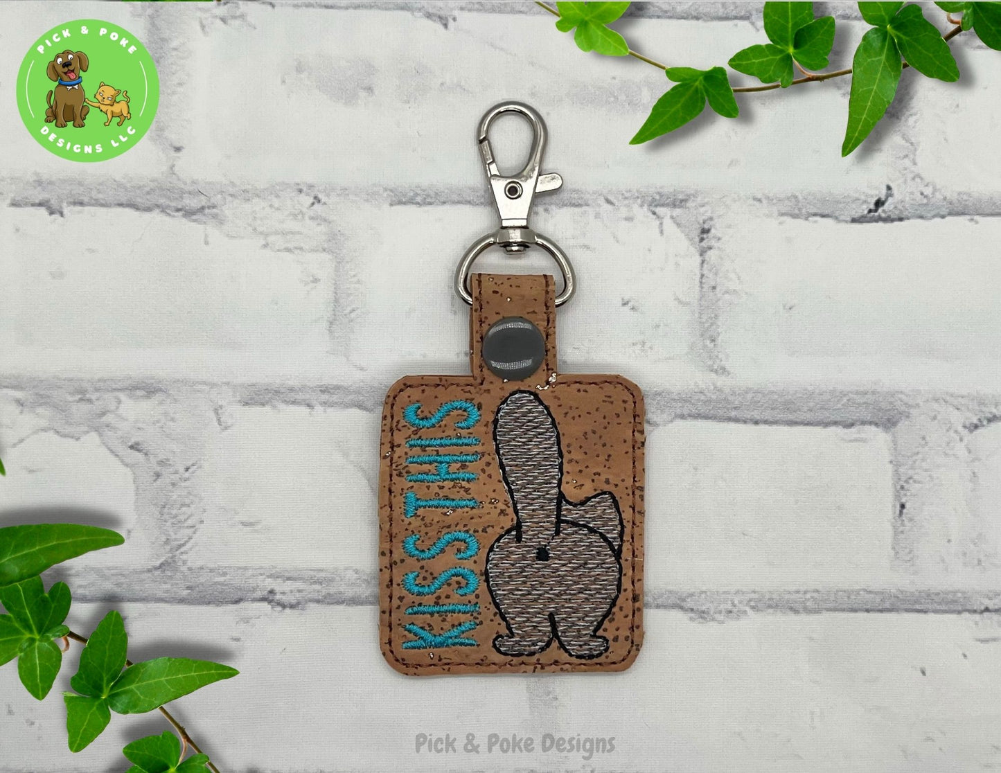 Kiss This Cat Butt Snap Tab Key Chain / Embroidered on Cork Fabric / Custom Made