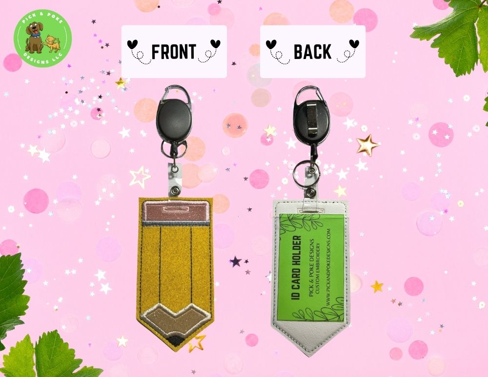 Personalized Pencil ID Card Badge Holder with Reel or Clip | Glitter or Solid Vinyl | Vertical Protector Case (Custom Made)