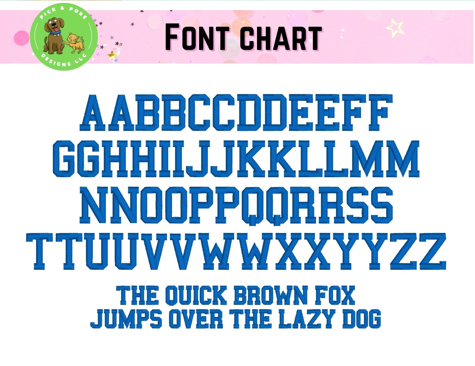 A varsity style font with all capital letters will be used to stich the personalization information under the teacher design. 