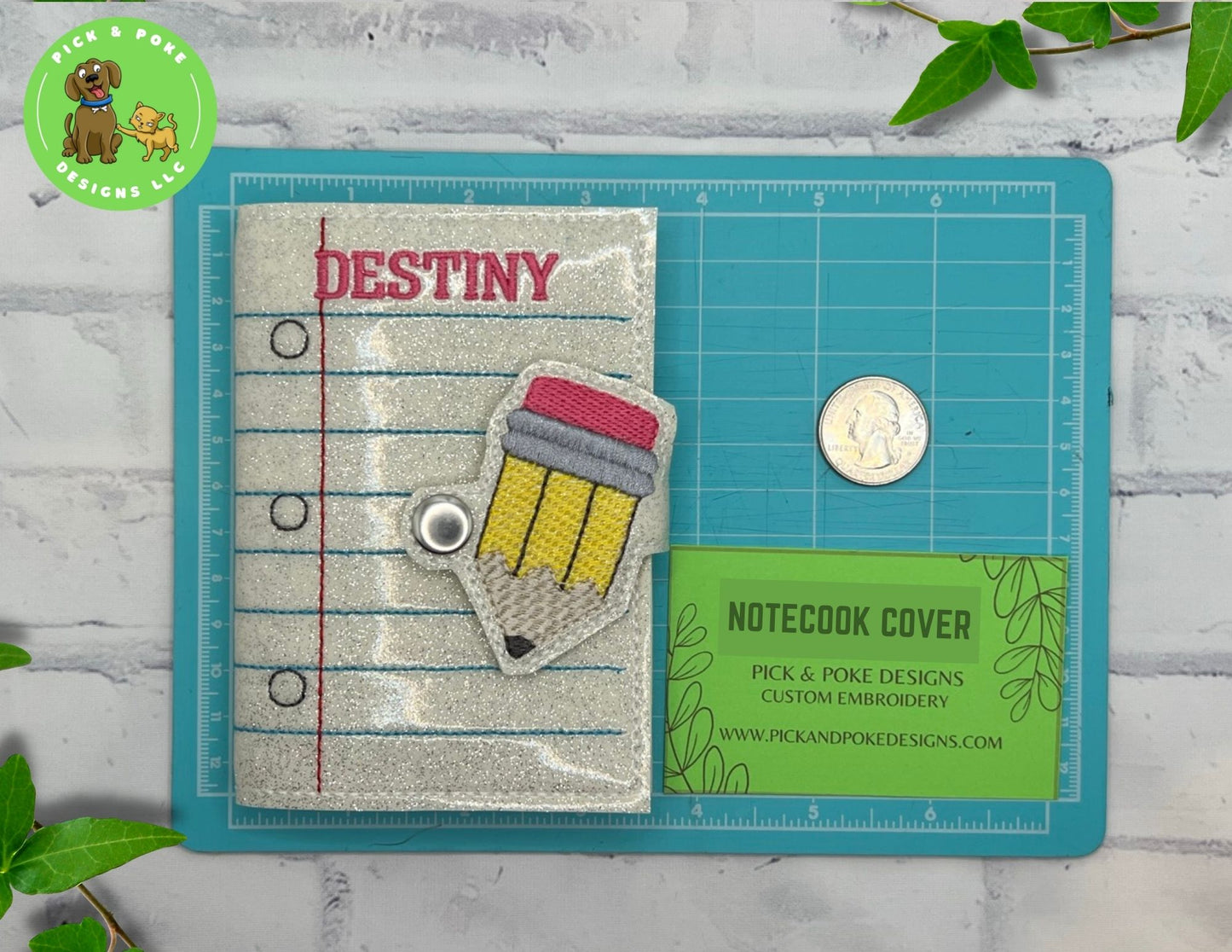Mini Composition Notebook Cover with Metal Snap / Paper and Pencil Design / Includes 1 Mini Composition Book (Custom Made)