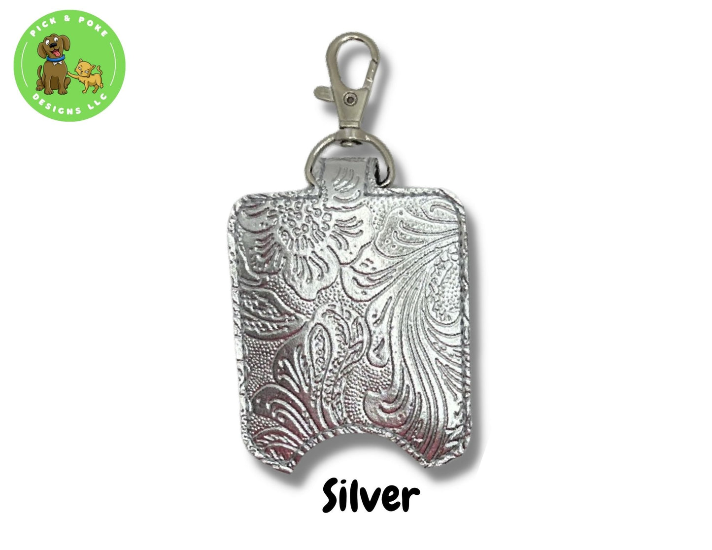 Metallic Faux Tooled Leather Hand Sanitizer Holder Key Chain | Embroidered on Vinyl | Made to Order