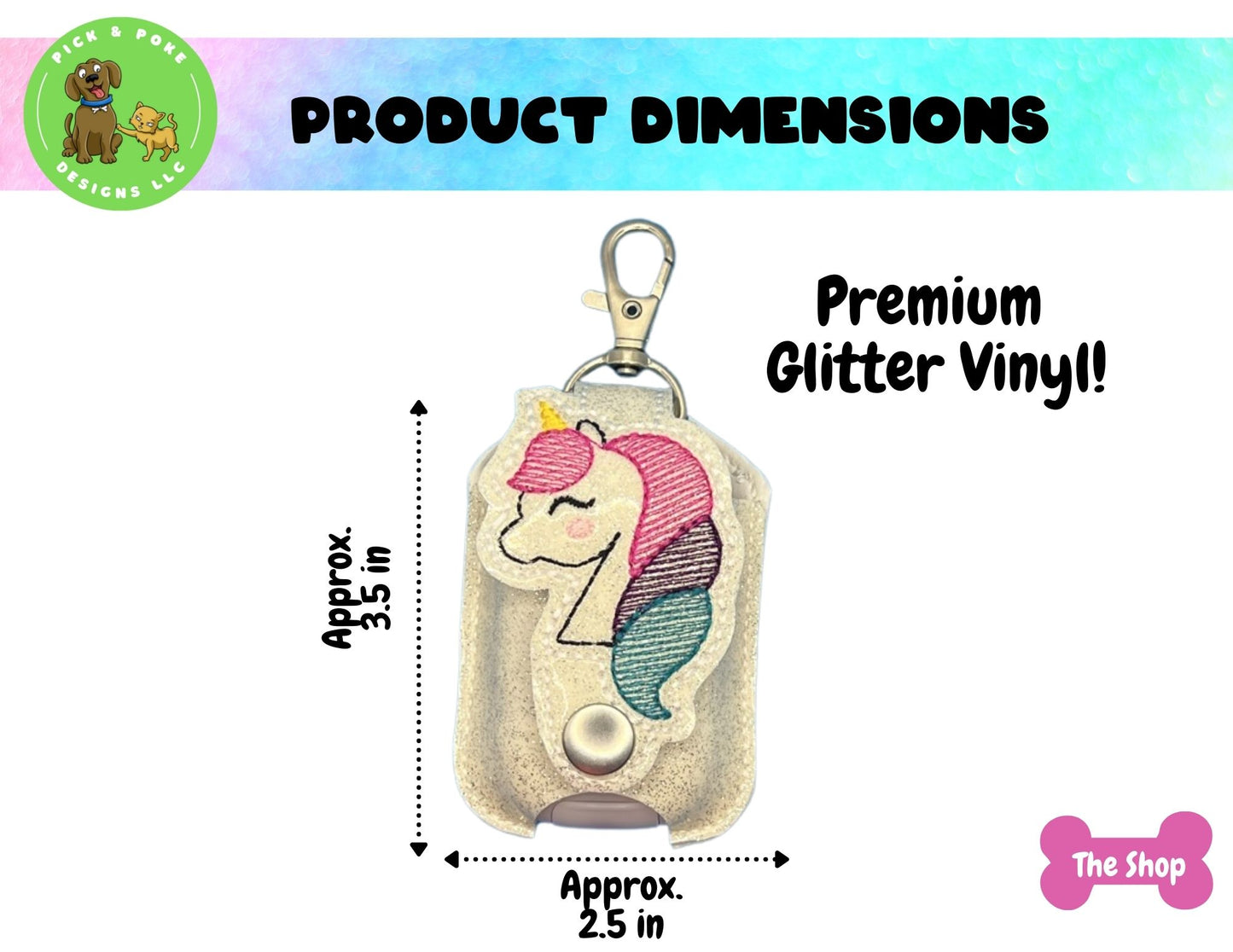 Glitter Unicorn Hand Sanitizer Holder Key Chain | Embroidered on Vinyl | Made to Order