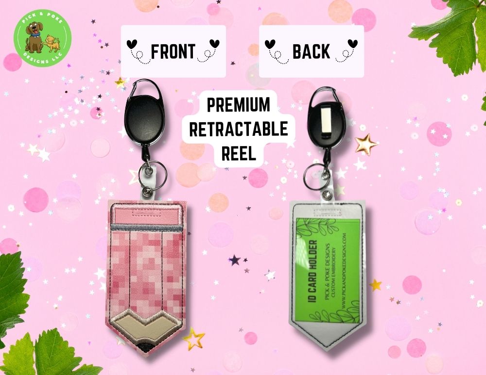 Limited Stock: Pink Pixels Pencil ID Card Badge Holder with Reel or Clip | Faux Leather Vinyl | Vertical Protector Case