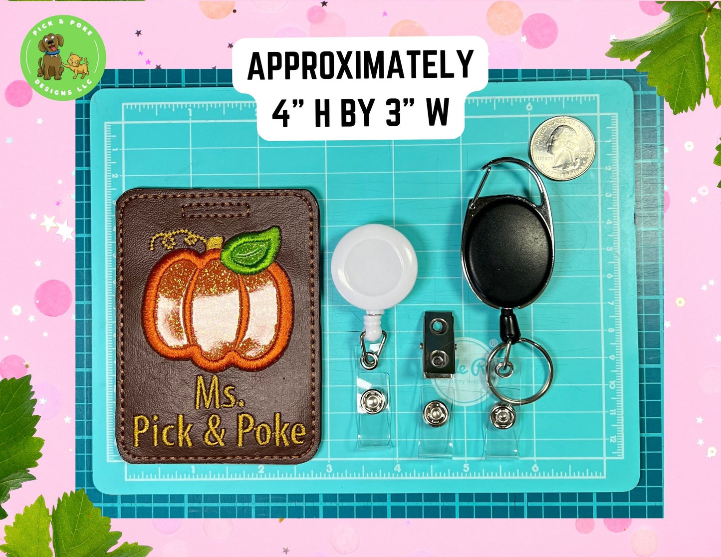 Personalized Pumpkin ID Card Badge Holder with Reel or Clip | Brown Vinyl