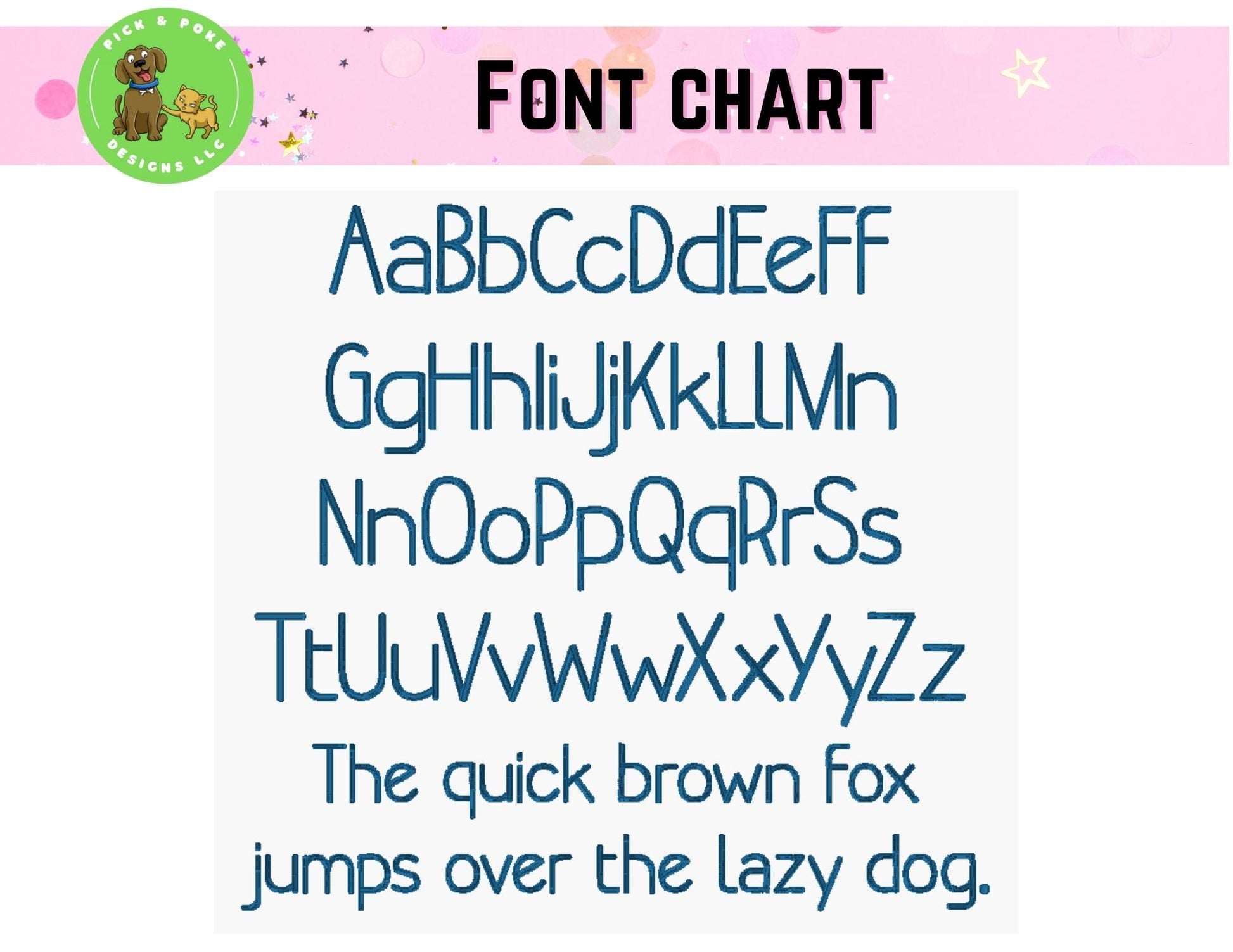 Font chart for crewnecks using a sans serif font