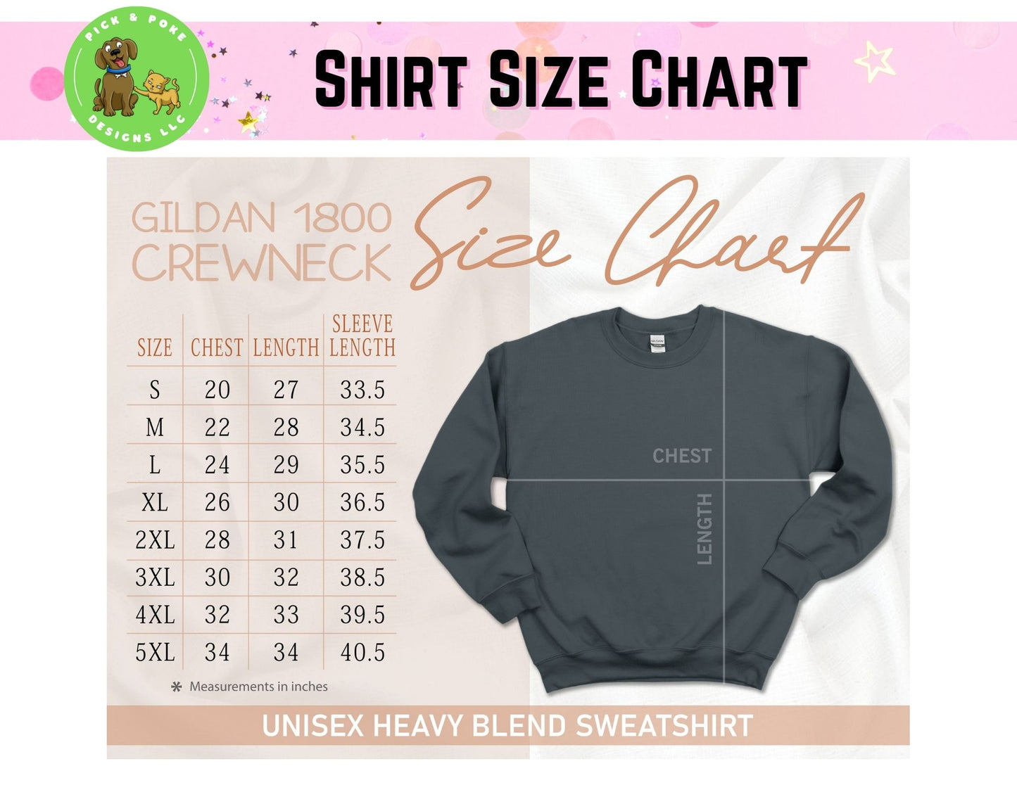 Size chart for 18000 Gildan crewneck unisex heavy blend sweatshirts. 