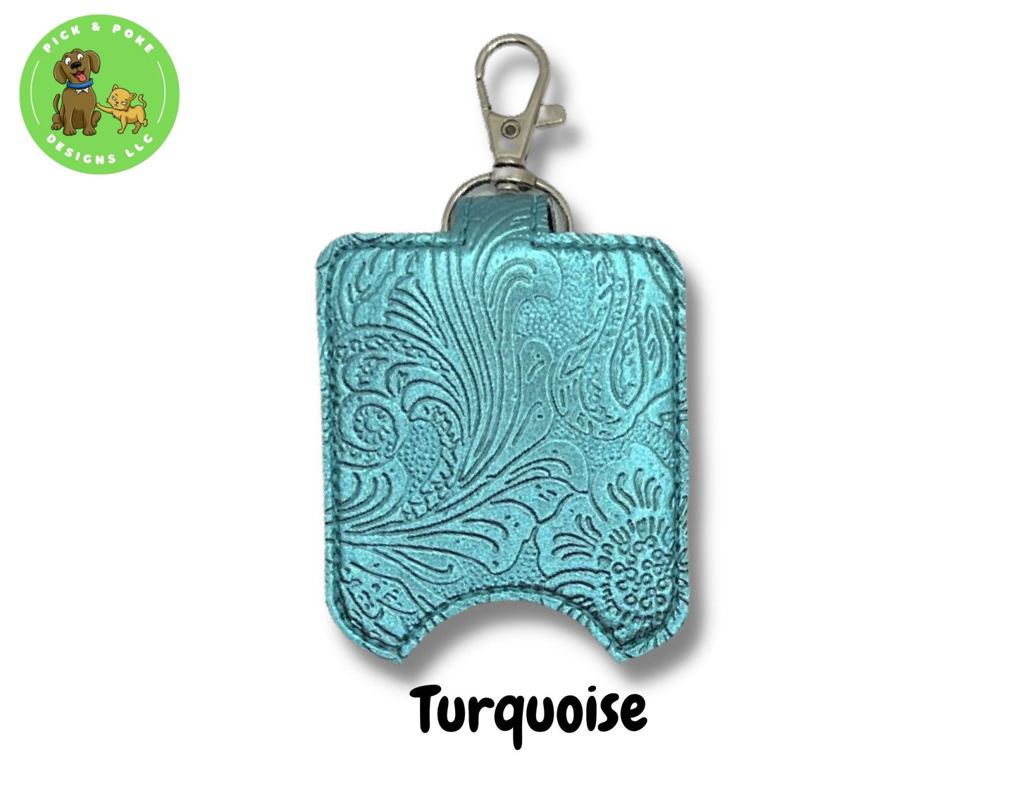 Metallic Faux Tooled Leather Hand Sanitizer Holder Key Chain | Embroidered on Vinyl | Made to Order