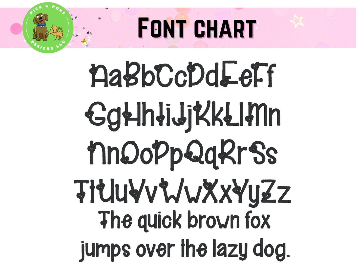 Font chart for embroidered teacher apple shirt. Capital letters of the font feature a stylized heart design. 