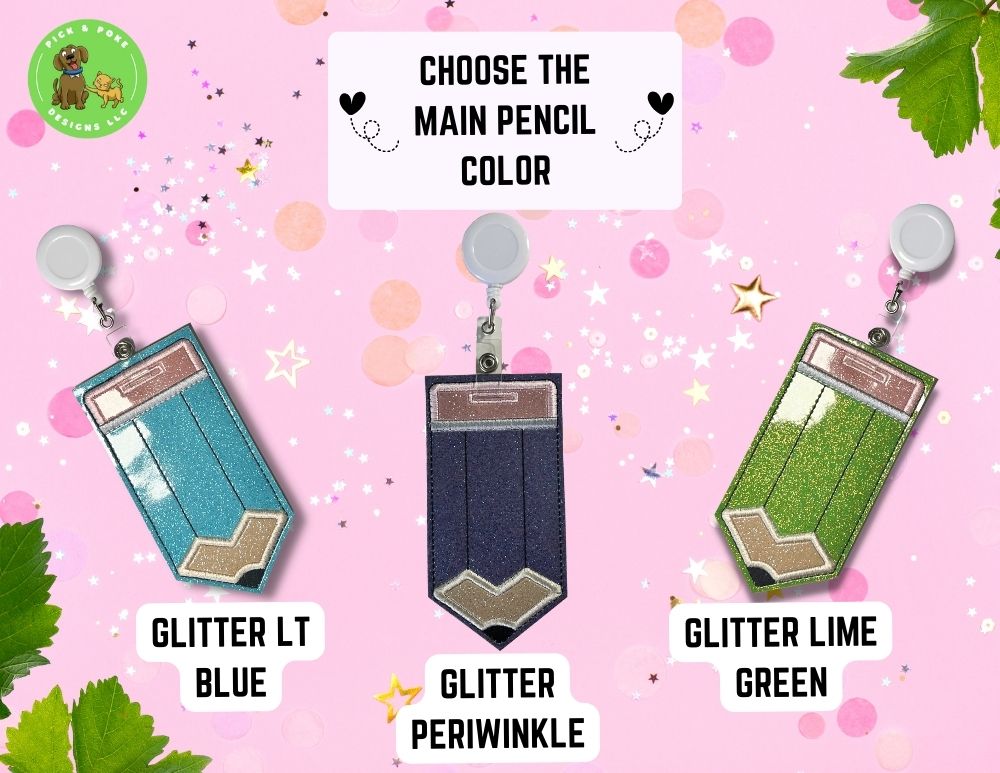 Pencil ID Card Badge Holder with Reel or Clip | Glitter or Solid Vinyl | Vertical Protector Case (Custom Made)