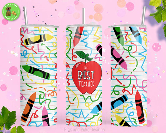 20oz stainless steel tumbler with a teacher design featuring an apple design with the words best teacher and crayon and scribbles in the background.