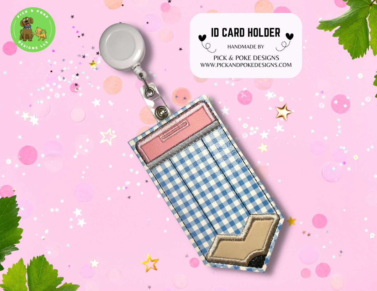 Limited Stock: Blue Gingham Pencil ID Card Badge Holder with Reel or Clip | Faux Leather Vinyl | Vertical Protector Case