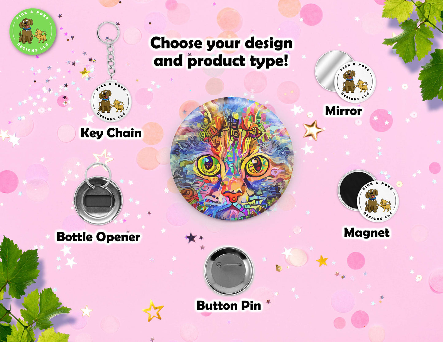 Colorful Painted Cats | Button Pin, Keychain, Magnet, Bottle Opener, or Mirror | 2.25-inch Size