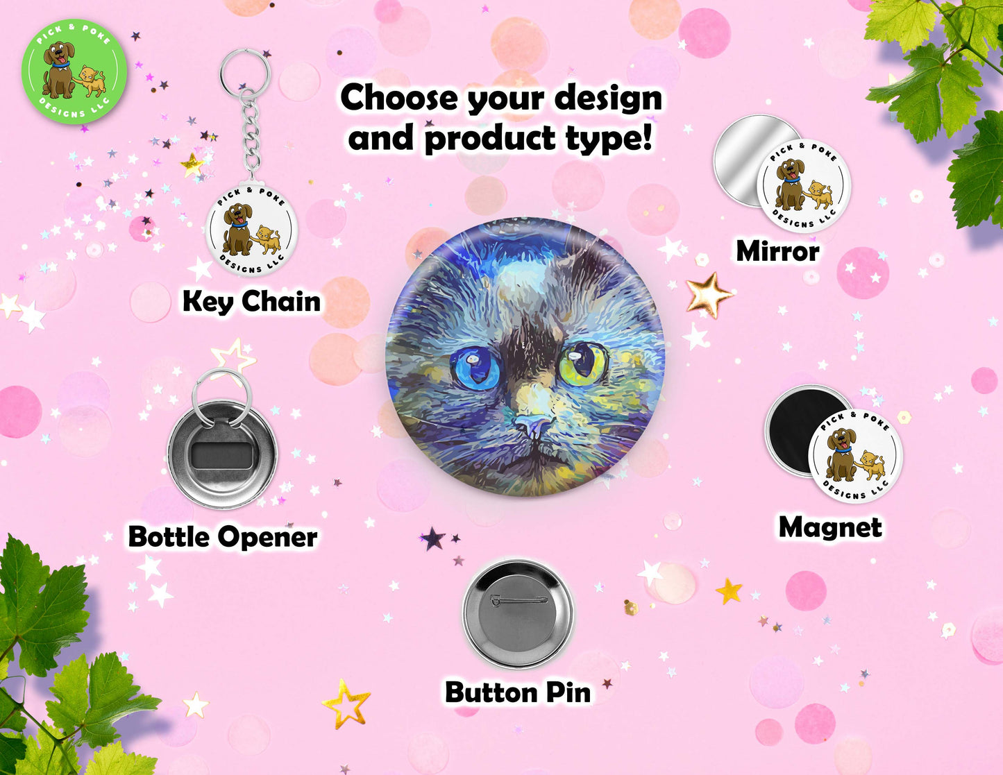 Colorful Painted Cats | Button Pin, Keychain, Magnet, Bottle Opener, or Mirror | 2.25-inch Size