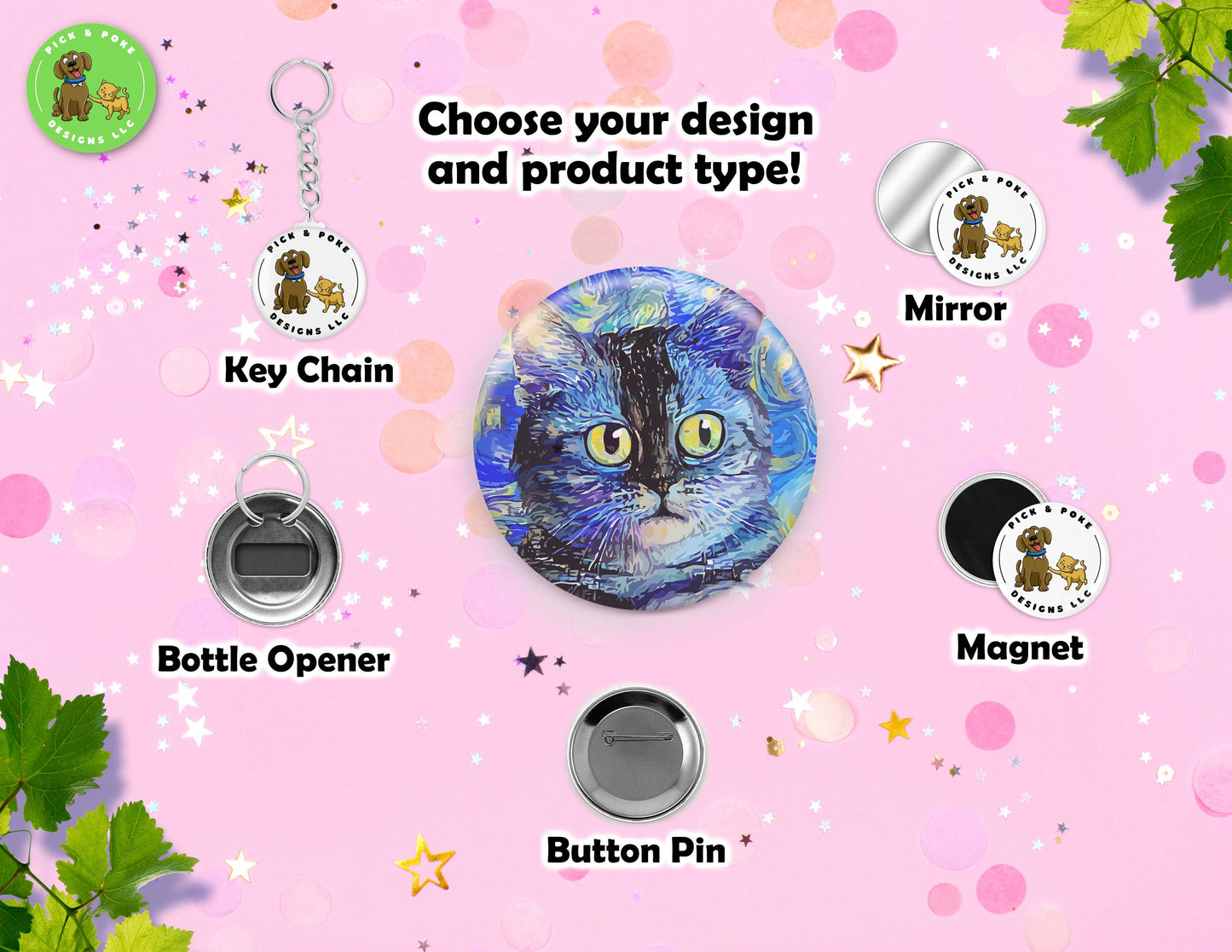 Colorful Painted Cats | Button Pin, Keychain, Magnet, Bottle Opener, or Mirror | 2.25-inch Size