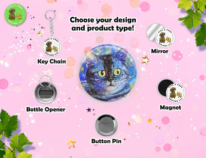 Colorful Painted Cats | Button Pin, Keychain, Magnet, Bottle Opener, or Mirror | 2.25-inch Size