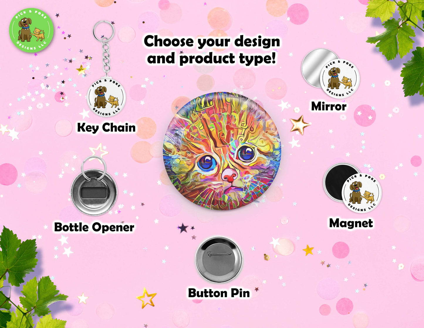 Colorful Painted Cats | Button Pin, Keychain, Magnet, Bottle Opener, or Mirror | 2.25-inch Size