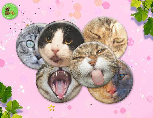 Funny Cat Face Button Pins | Pinback Button, Key Chain, Magnet, Bottle Opener, or Mirror | 2.25-inch Size | Made to Order