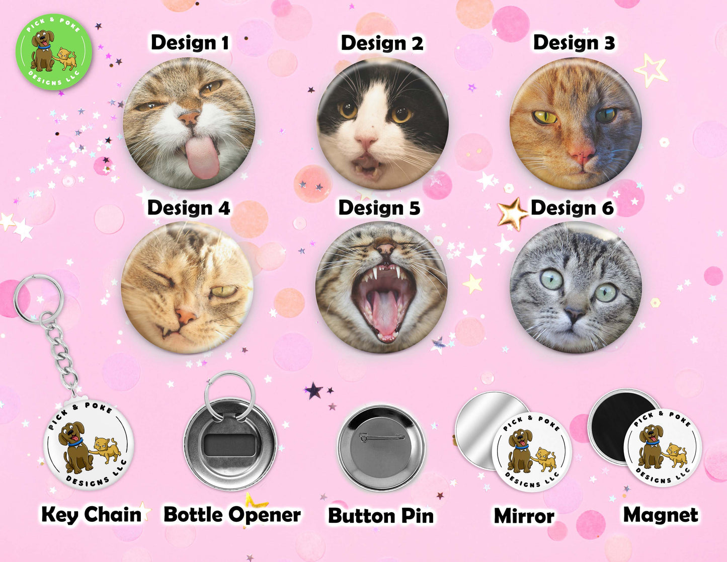 Funny Cat Face Button Pins | Pinback Button, Key Chain, Magnet, Bottle Opener, or Mirror | 2.25-inch Size | Made to Order