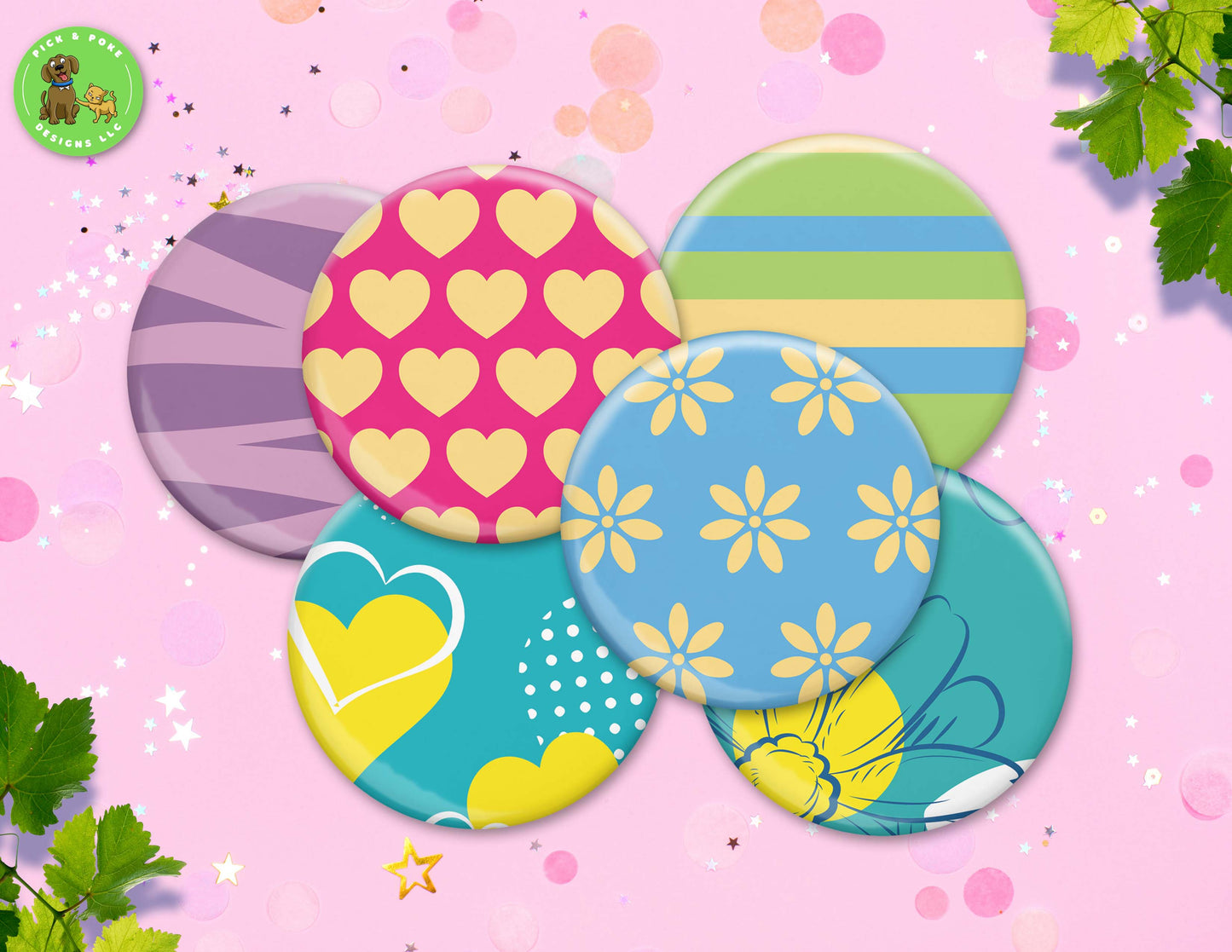 Colorful Patterns with Flowers, Hearts, and Stripes | Pin-Back Button, Key Chain, Magnet, Bottle Opener, or Mirror Option | 2.25-inch Size
