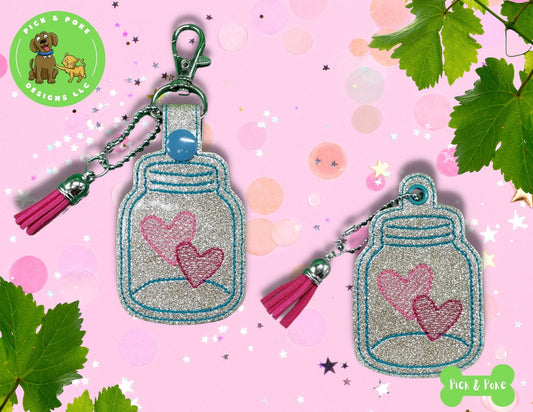 ITH Embroidery Design Mason Jar of Hearts Snap Tab and Eyelet Key Fob SetPick and Poke Designs