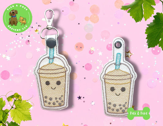 In the Hoop Embroidery Design Cute Kawaii Milk Bubble Tea Snap Tab and Eyelet Key Fob SetPick and Poke Designs