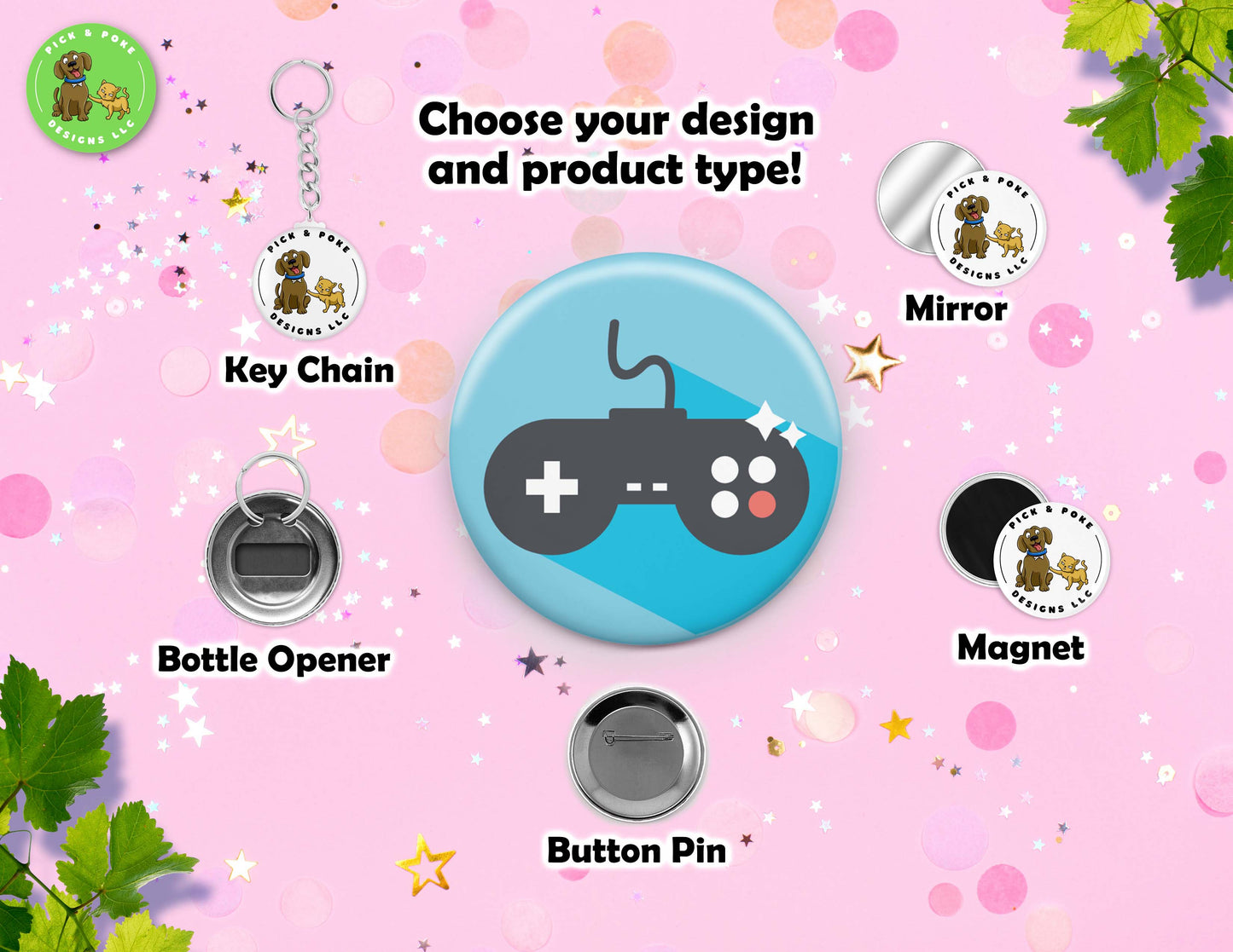 Cartoon Video Game Button Pins | 2.25-inch Round Size | Metal Pin Back Design | Made to Order