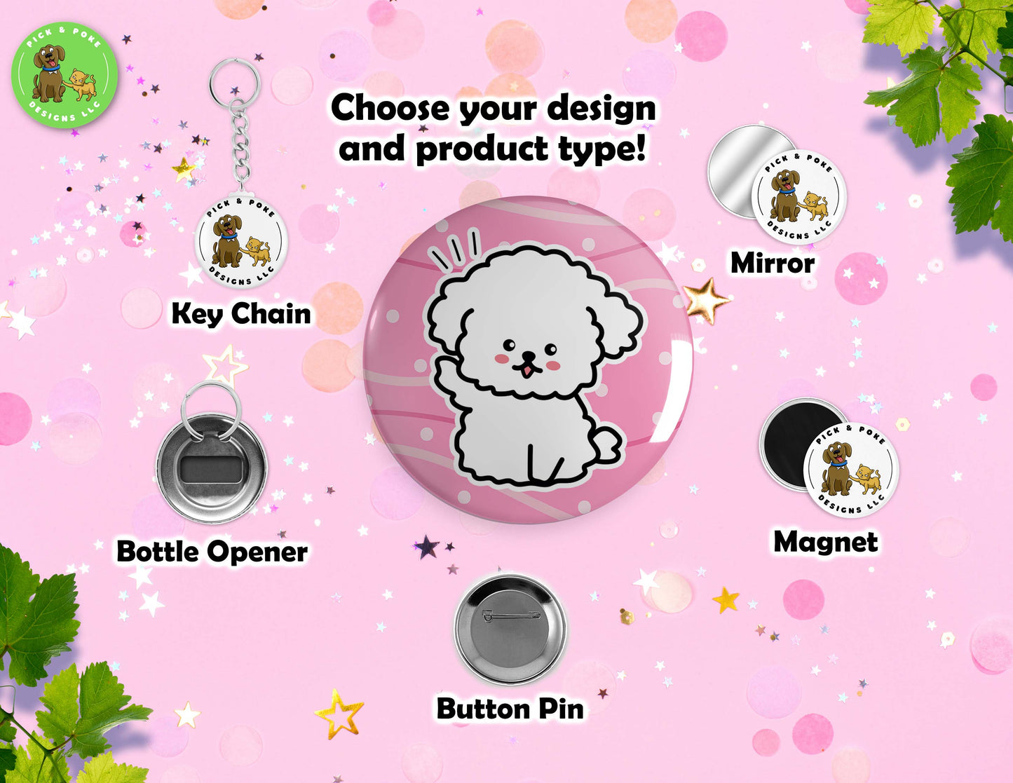 Cute Poodle Dog Doodle Art | Button Pin, Keychain, Magnet, Bottle Opener, or Mirror | 2.25-inch Size