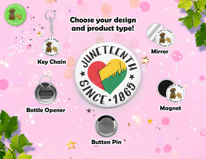 Juneteenth 1865 Freedom Button Pins and Keychain Accessories