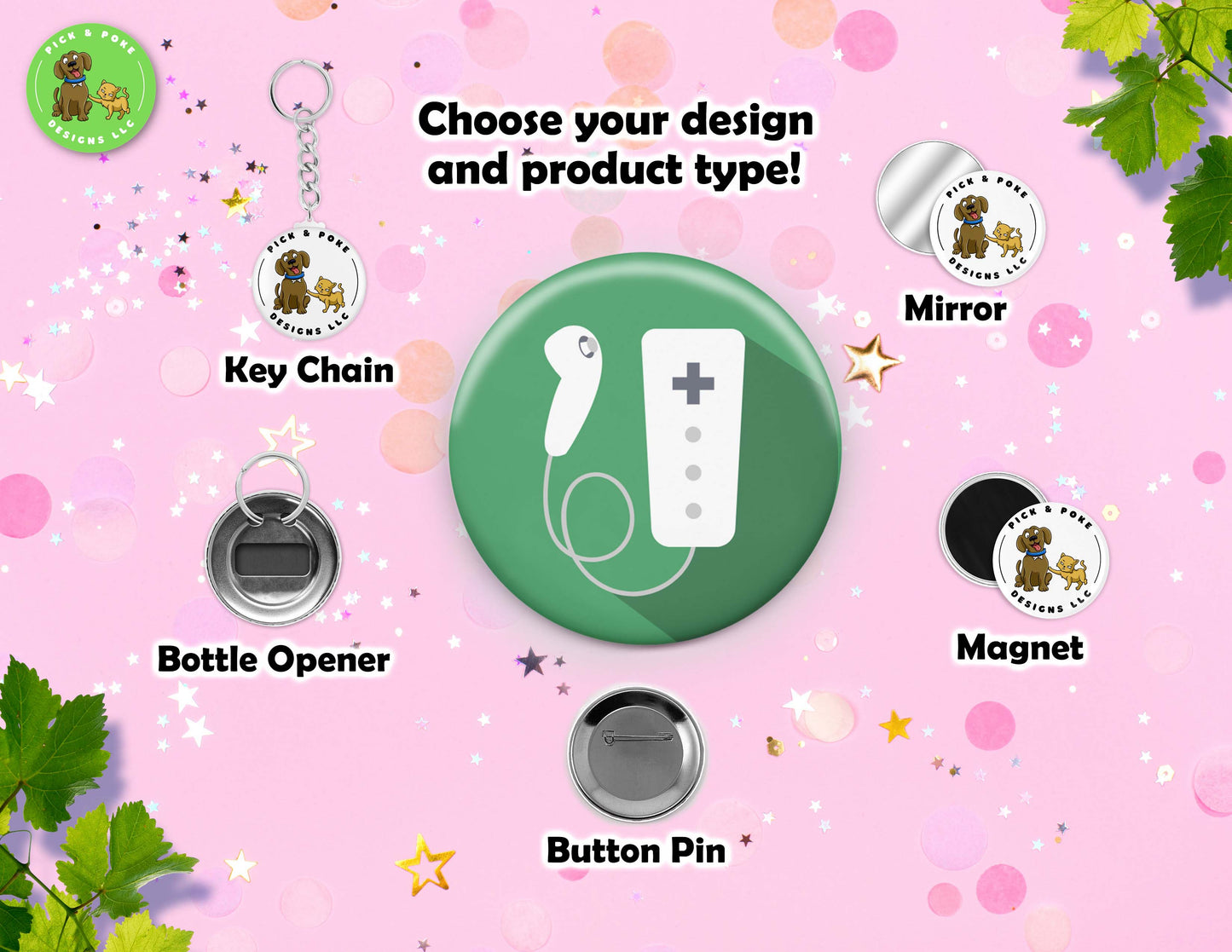 Cartoon Video Game Button Pins | 2.25-inch Round Size | Metal Pin Back Design | Made to Order