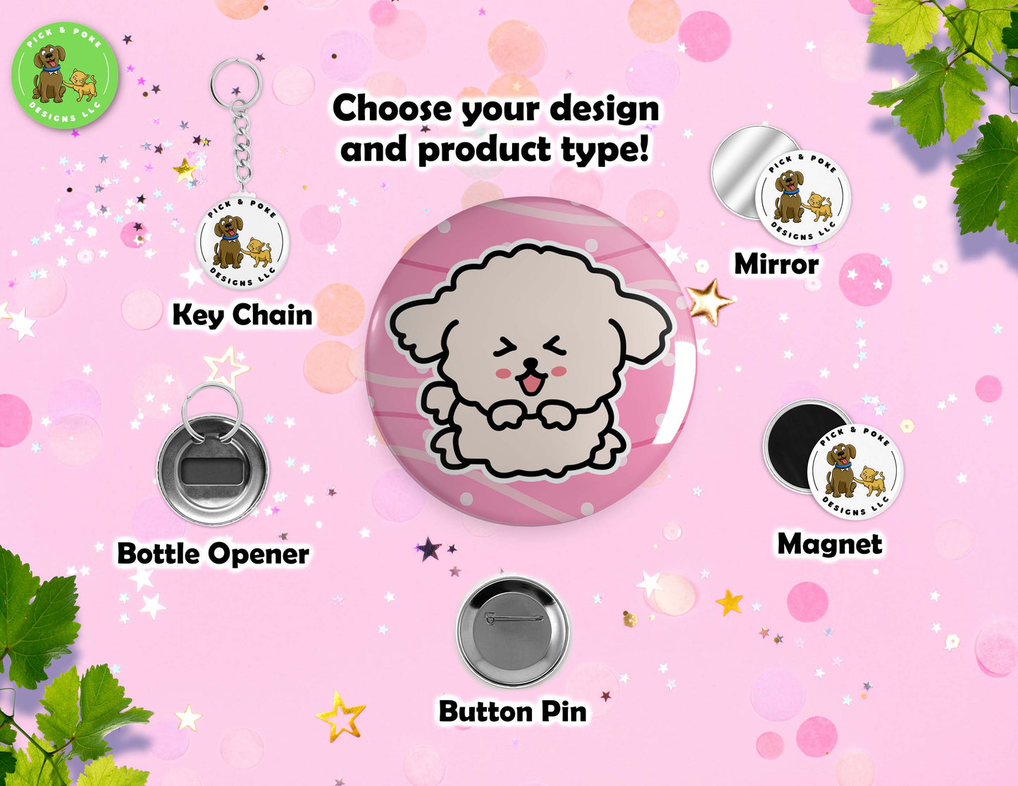 Cute Poodle Dog Doodle Art | Button Pin, Keychain, Magnet, Bottle Opener, or Mirror | 2.25-inch Size