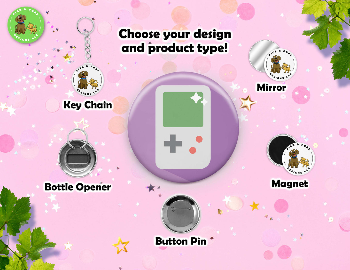 Cartoon Video Game Button Pins | 2.25-inch Round Size | Metal Pin Back Design | Made to Order